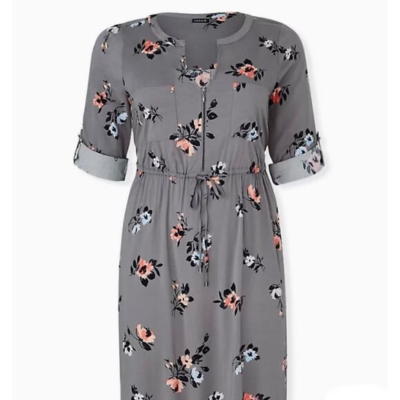 TORRID GREY FLORAL CHALLIS ZIP FRONT DRAWSTRING SHIRT DRESS - Picture 3 of 9
